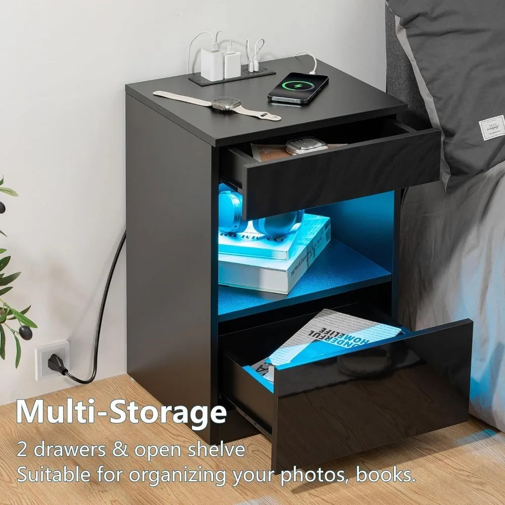 2 Drawer LED Nightstand with Charging Station