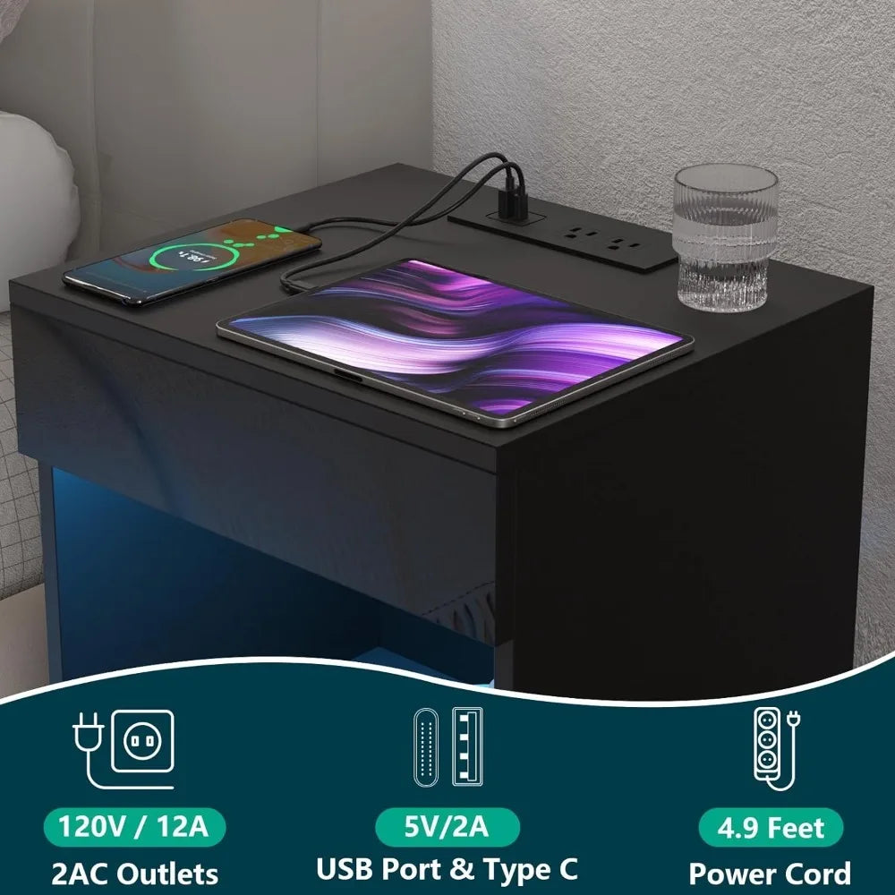 2 Drawer LED Nightstand with Charging Station